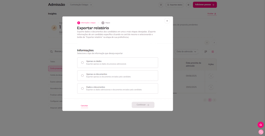 Gif com as telas para exportação de informações no menu de admissão
