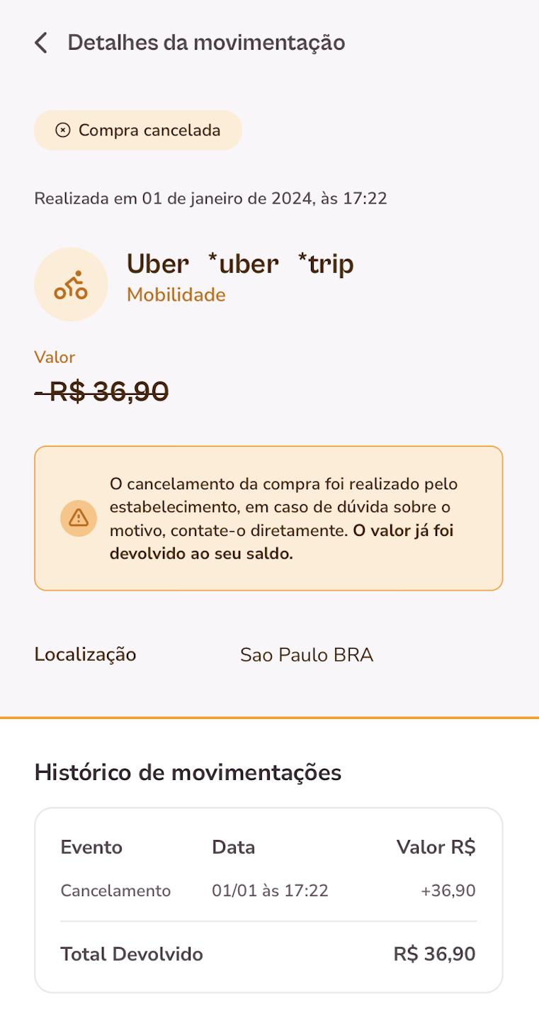 imagem do aplicativo com informações de uma transação estornada