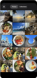 Photo gallery selection screen showing grid of food and landscape photos for uploading existing meal images