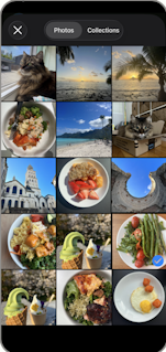 Photo gallery selection screen showing grid of food and landscape photos for uploading existing meal images