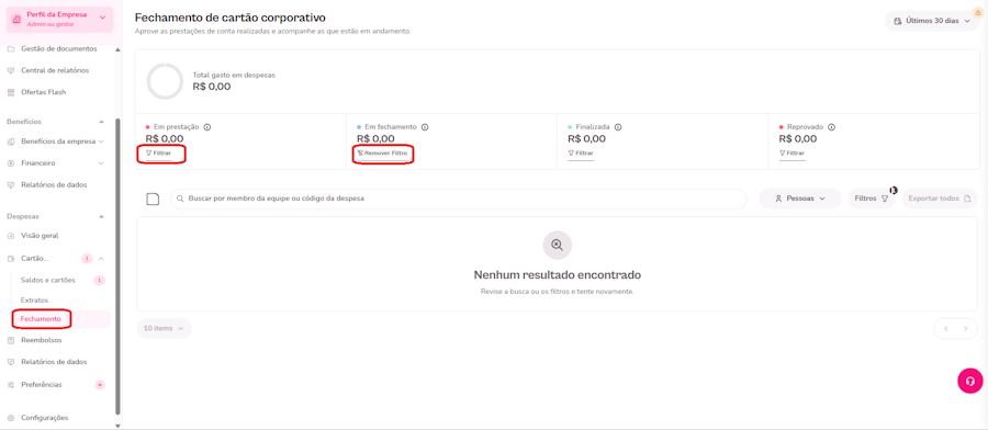 imagem com destaque para o menu de fechamento e o campo de filtros