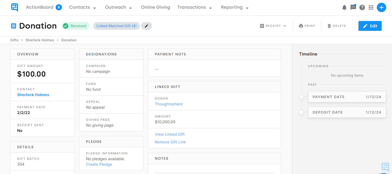 EXAMPLE GIFT RECORD SHOWING LINKED TO PARENT GIFT - click to enlarge EXAMPLE GIFT RECORD SHOWING LINKED TO PARENT GIFT