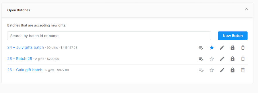 Open Batch Action options with New Batch Button and Search Bar