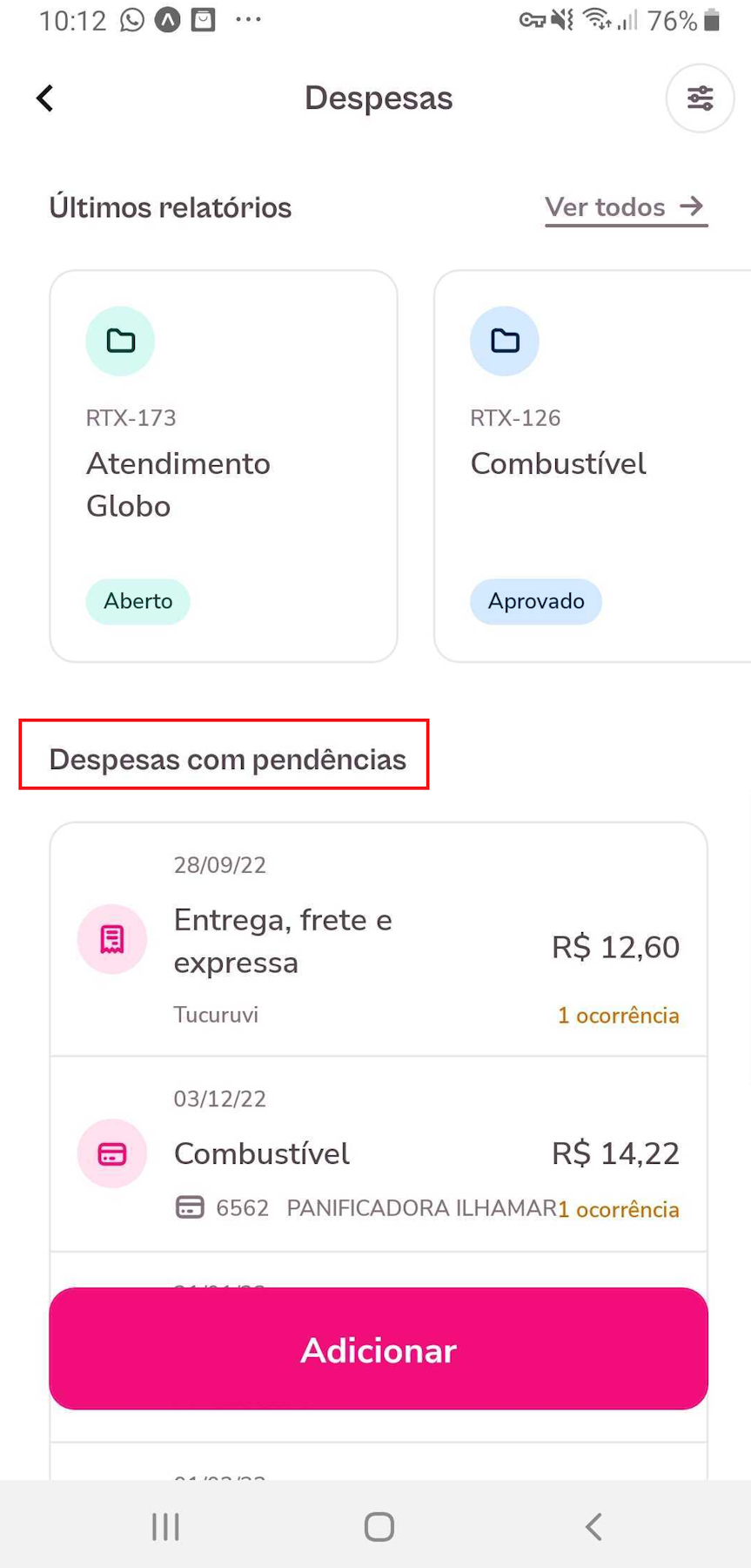 imagem do aplicativo com destaque para o menu despesas pendentes