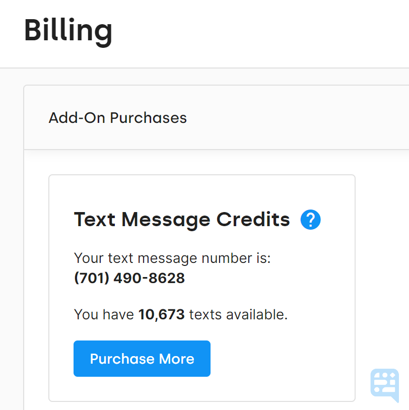 SCREENSHOT OF BILLING PAGE SHOWING AVAILABLE TEXT CREDITS WITH OPTION TO PURCHASE MORE - click to enlarge SCREENSHOT OF BILLING PAGE SHOWING AVAILABLE TEXT CREDITS WITH OPTION TO PURCHASE MORE
