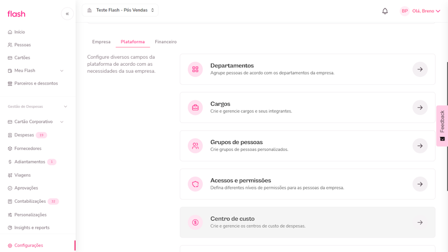 Menu de plataforma na opção centro de custo.