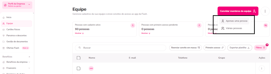 Imagem exemplo da opção de equipes com as opções de inclusão de colaboradores