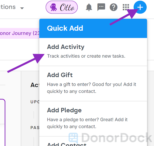 Quick Add Menu prompts to Add Activity, Add Gift, or Add Pledge