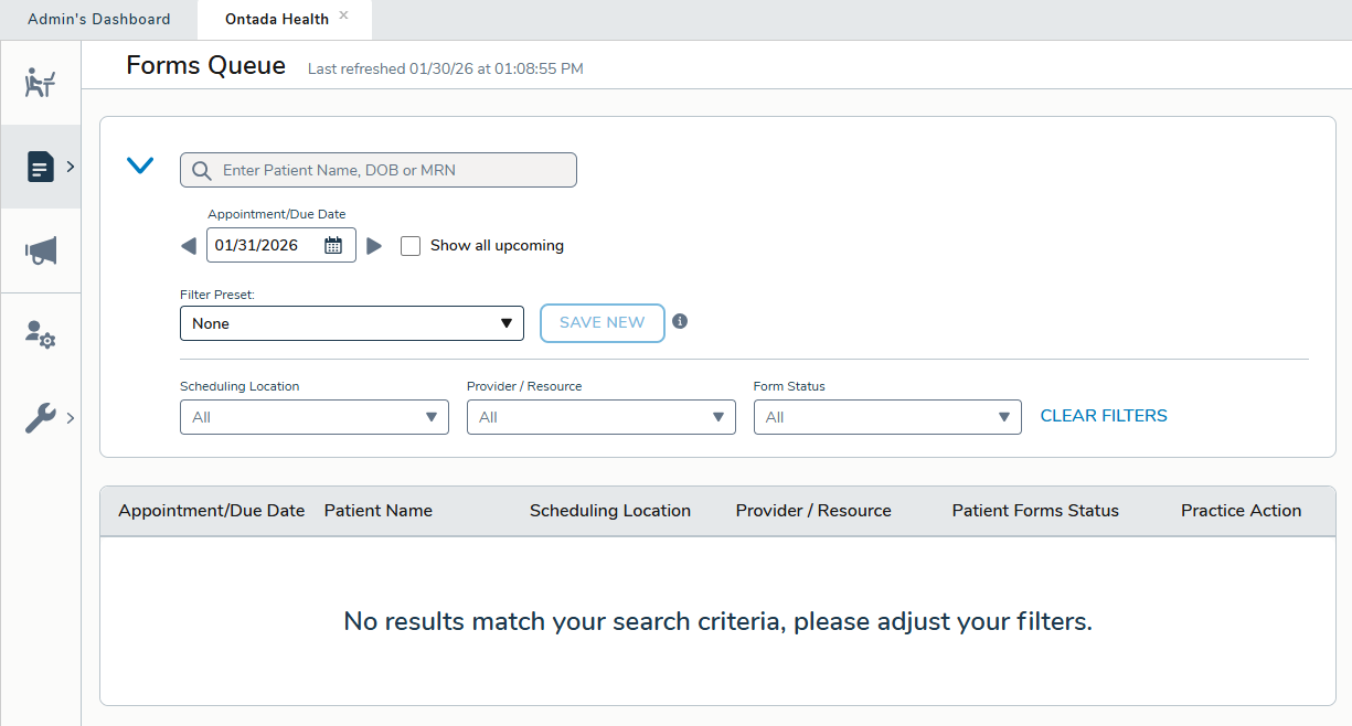 The Ontada Health admin tool Forms Queue - click to enlarge The Ontada Health admin tool Forms Queue