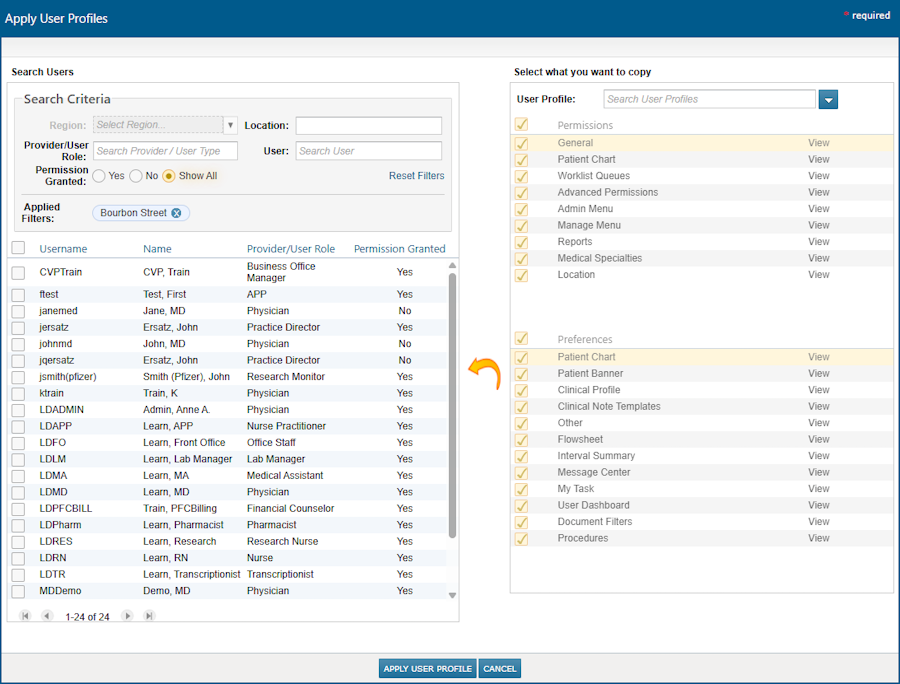 The Apply User Profiles window