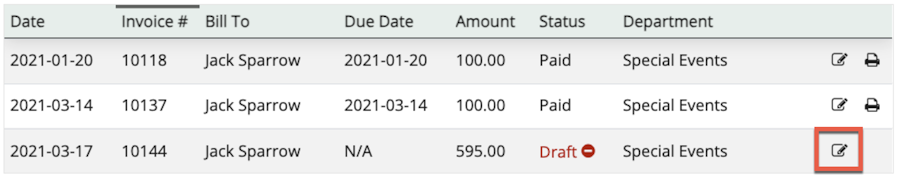 List of invoices with one invoice being in draft status. The edit icon is highlighted.