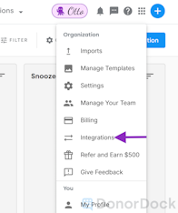 Settings Menu options: Imports, Manage Templates, Settings, Manage Your Team, Billing, Integrations, Refer and Earn $500, Give Feedback