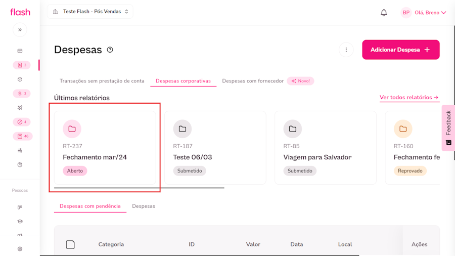 Menu de despesas com foco em últimos relatórios.
