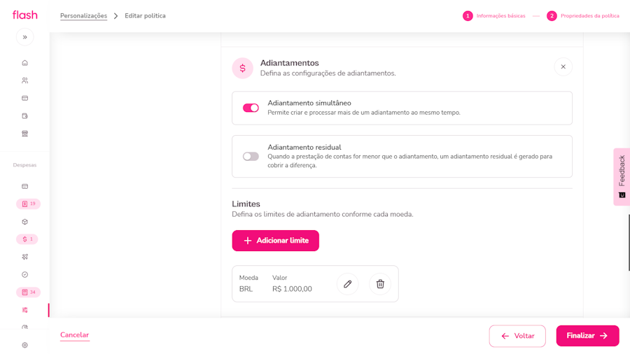 altere as regras de interesse, passando por cada uma das opções de configuração - Categoria, Quilometragem, Adiantamento e Leitura de Comprovante - e clique em “Finalizar”., continuação 2