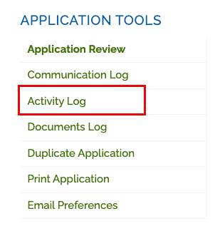 Image of the Application Tools menu with Activity Log highlighted.