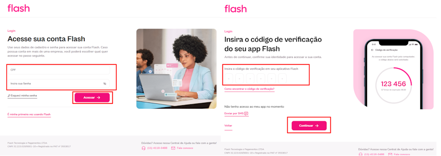 Imagem mostra o primeiro passo para digitar o código de verificação em duas etapas na plataforma FlashOs.