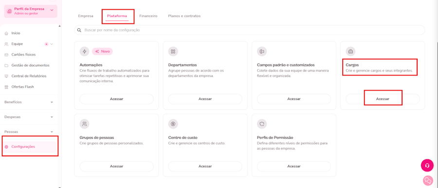 imagem da plataforma com destaque para os botões para chegar em cargos