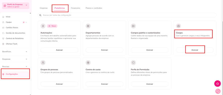 imagem da plataforma com destaque para os botões para chegar em cargos