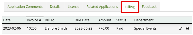 An image of the Billing tab with a single invoice line showing.