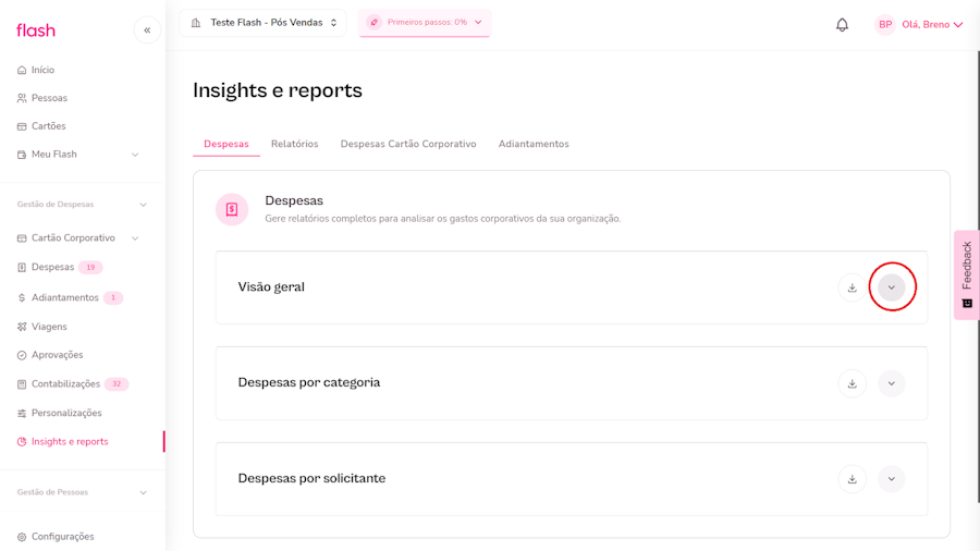 imagem da plataforma com destaque para o menu de despesas e a seta para maximizar opções.