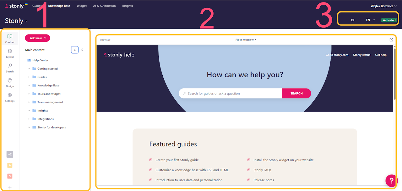 Knowledge base divided into the main sections. - click to enlarge Knowledge base divided into the main sections.