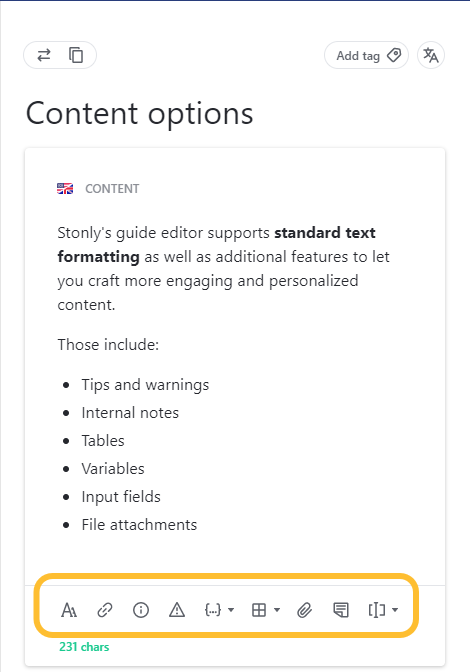 Content block of the guide editor with the formatting toolbar highlighted - click to enlarge Content block of the guide editor with the formatting toolbar highlighted