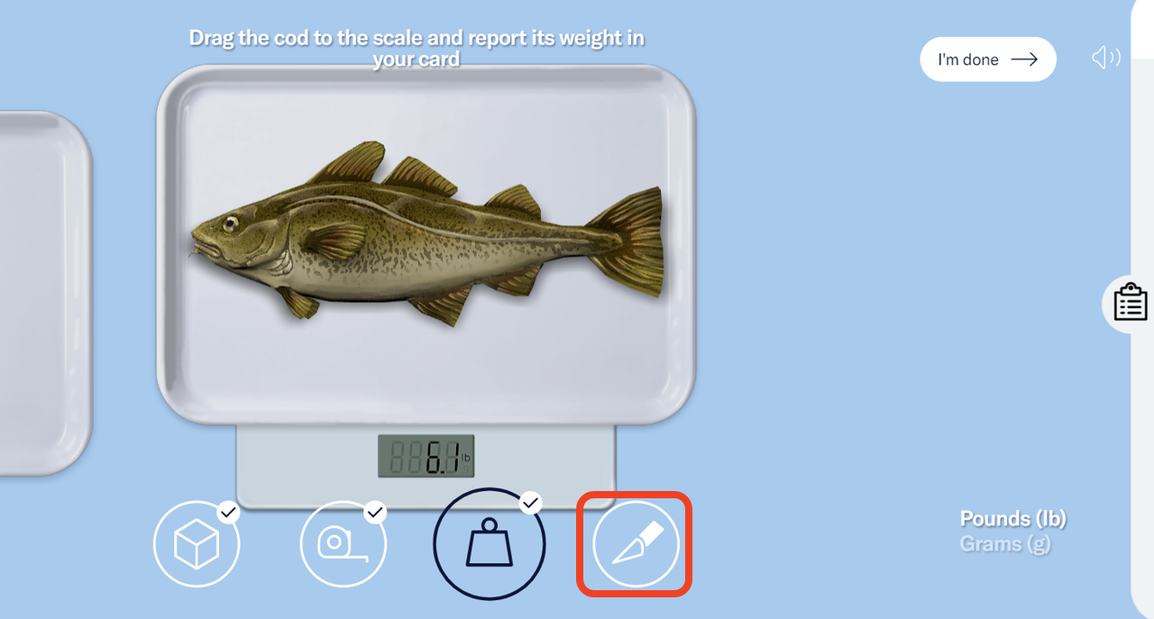 The cod is placed on the scale. There are four icons below it: a cube, a tape measure, a weight, and a scalpel. The scalpel icon is highlighted. - click to enlarge The cod is placed on the scale. There are four icons below it: a cube, a tape measure, a weight, and a scalpel. The scalpel icon is highlighted.