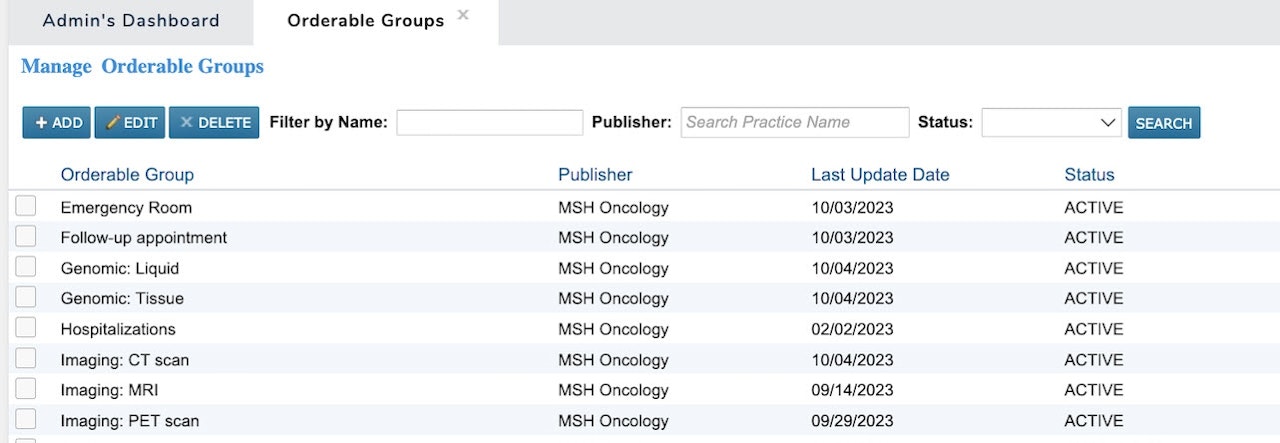 The Orderable Groups list - click to enlarge The Orderable Groups list