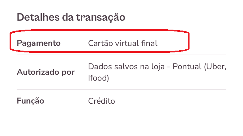 imagem exemplo de compra com destaque ao tipo de cartão que foi virtual
