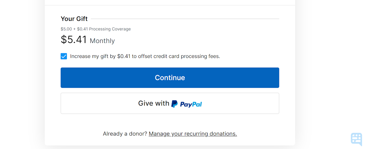 BOTTOM OF GIVING PAGE SHOWING OPTION TO CHECK A BOX TO COVER PROCESSING FEES FOR EXAMPLE GIFT - click to enlarge BOTTOM OF GIVING PAGE SHOWING OPTION TO CHECK A BOX TO COVER PROCESSING FEES FOR EXAMPLE GIFT