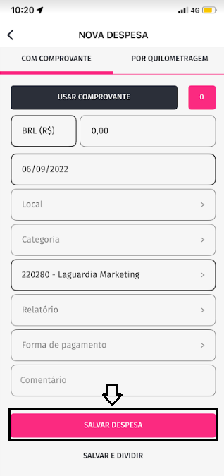 imagem com dados exemplos preenchidos e destaque para o botão salvar despesa