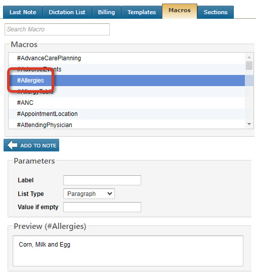 The Macros sub-tab with a Macro highlighted - click to enlarge The Macros sub-tab with a Macro highlighted