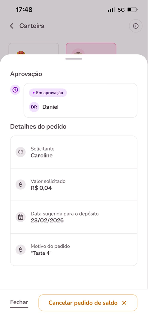 imagem exemplo de pedido pendente de saldo corporativo