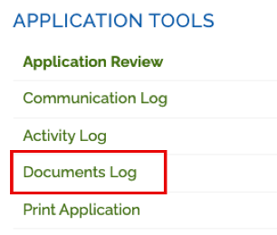 Image showing the list of Application Tools available, highlighting the Documents Log.