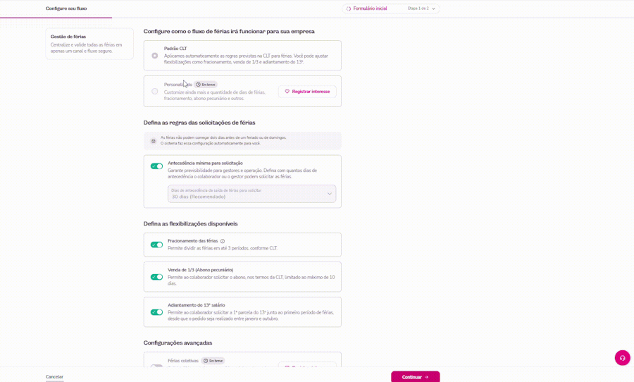 Gif com a experiência para criar regra de férias para os colaboradores