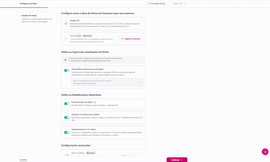 Gif com a experiência para criar regra de férias para os colaboradores