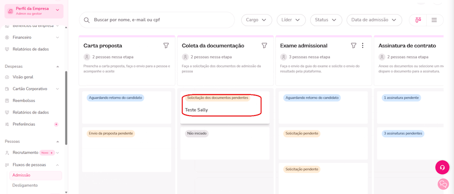 Gif com destaque para opção de enviar documentos ao candidato e selecionar o tipo de documentação