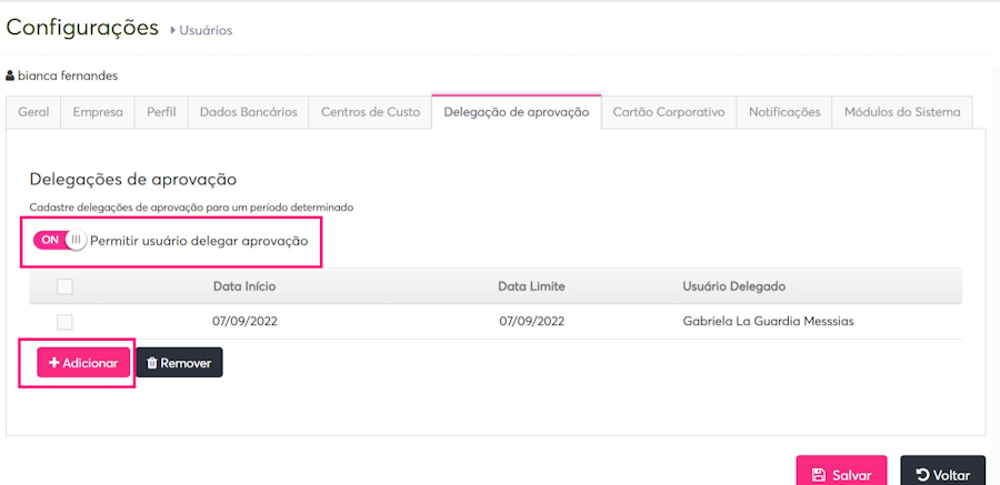 Imagem com destaque para opção de adicionar e usuário delegar aprovação.