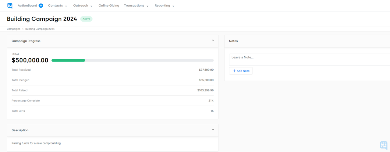EXAMPLE CAMPAIGN SHOWING PROGRESS BAR TOWARDS EXAMPLE GOAL OF $500,000 - click to enlarge EXAMPLE CAMPAIGN SHOWING PROGRESS BAR TOWARDS EXAMPLE GOAL OF $500,000