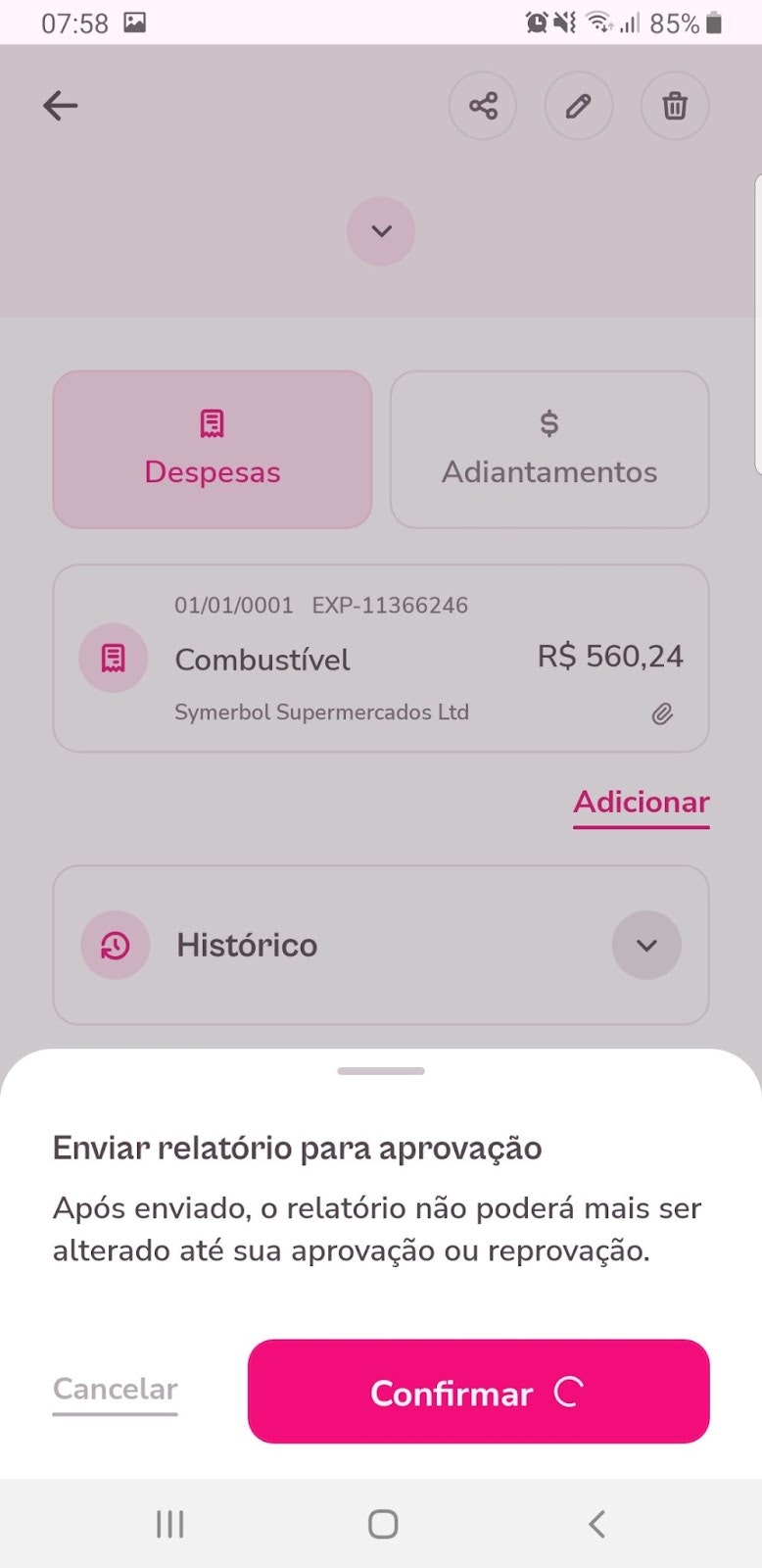 Imagem exemplo de adiantamento sendo enviado.