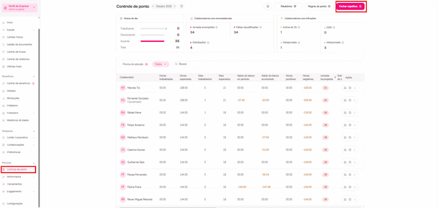 Gif com imagens para acessar os indicadores do fechamento do espelho em controle de ponto.