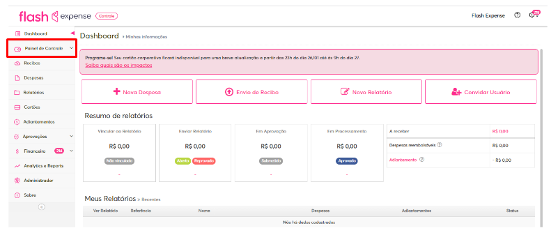 imagem da plataforma com destaque para o menu painel de controle