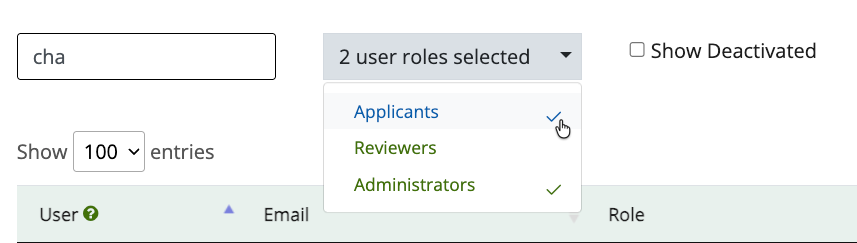 Image showing the search box and the user role dropdown menu, with 2 user roles selected.