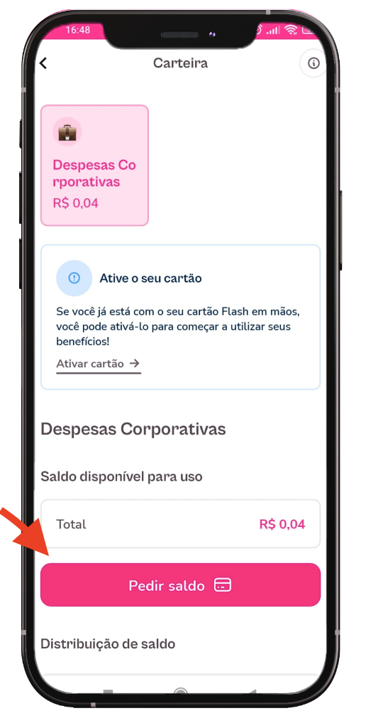 imagem do aplicativo com destaque para o botão de pedir saldo