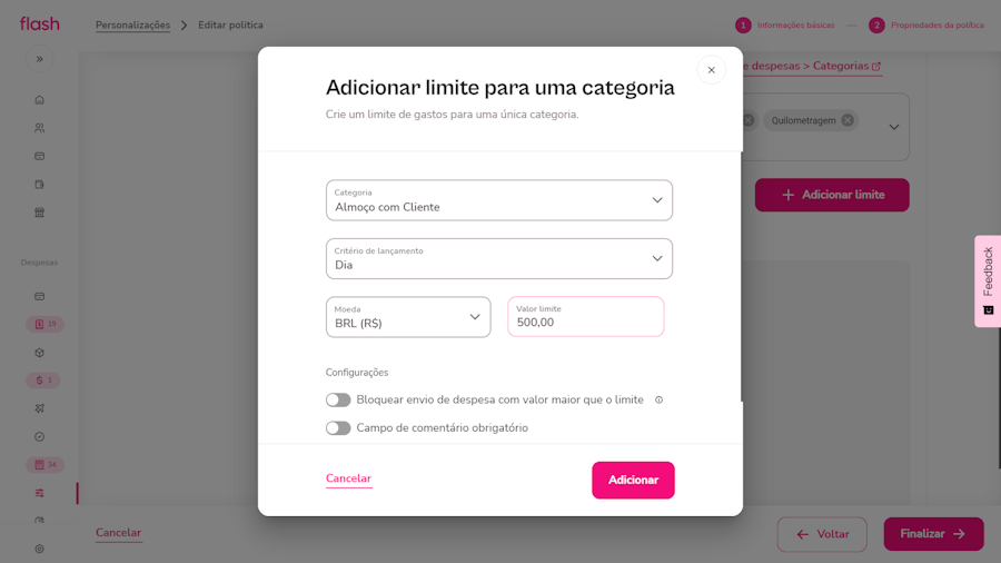 Configurar politica de despesa. Tela de como estabelecer valor do limite