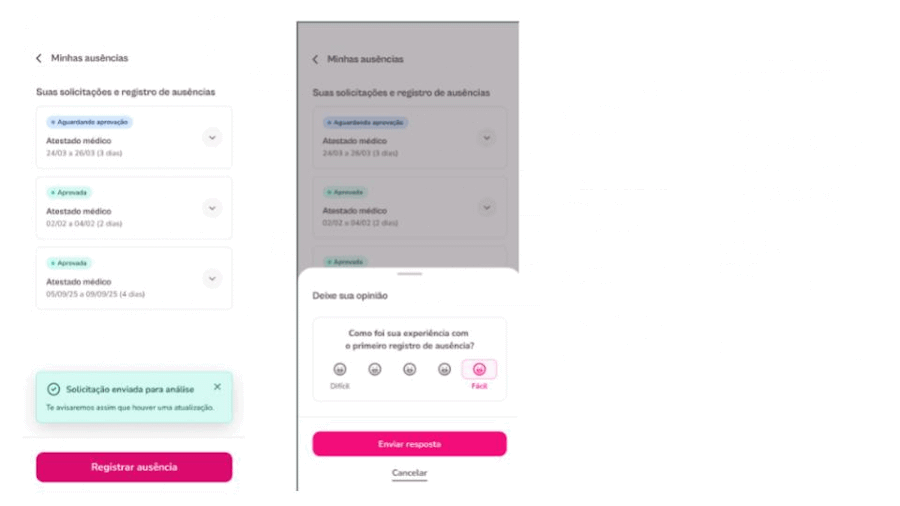 Gif com o passo a passo para solicitar ausências via aplicativo Flash