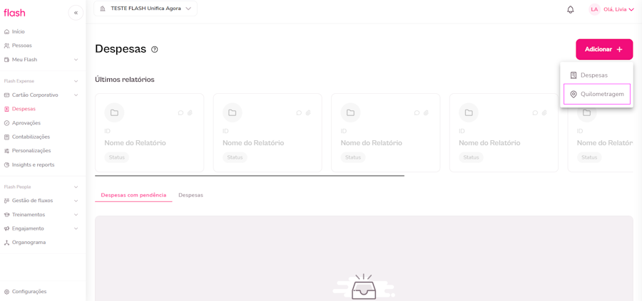imagem do menu de despesas e em seguida na opção quilometragem