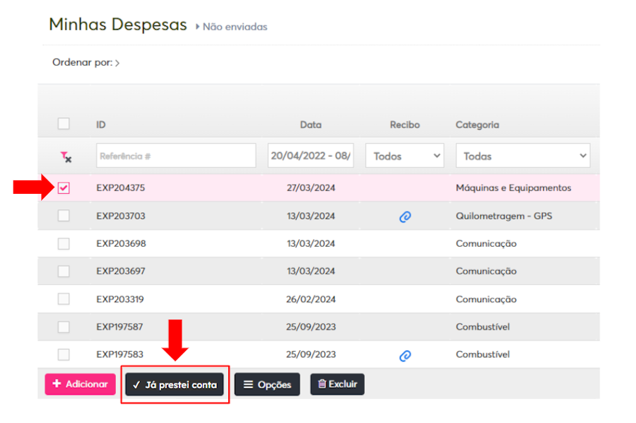 imagem da plataforma com destaque para uma despesa exemplo