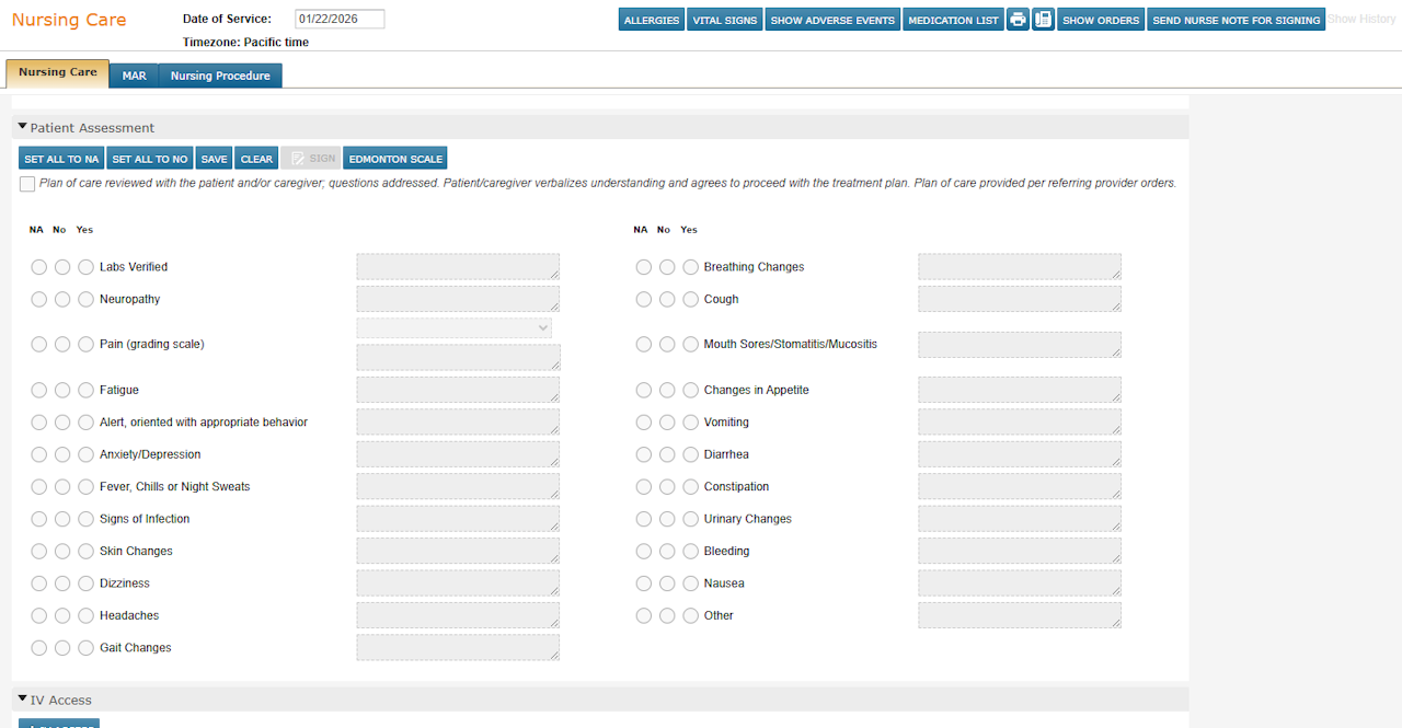 The Nursing Care chart tab with the Patient Assessment section in view - click to enlarge The Nursing Care chart tab with the Patient Assessment section in view