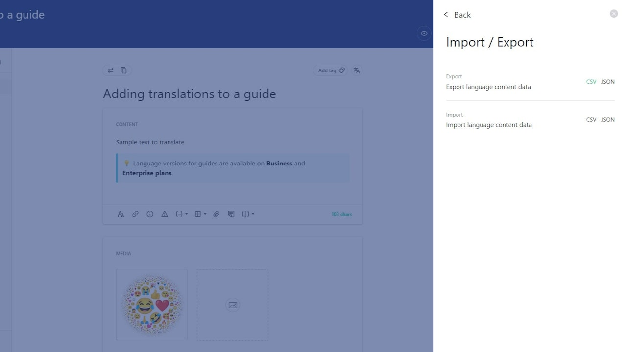 Guide editor's settings pane open to the import/export options. - click to enlarge Guide editor's settings pane open to the import/export options.